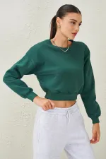 Women's Navy Blue Crew Neck Three-Thread Oversize Crop Sweatshirt