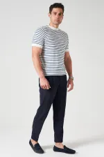 Erkek Ekru Bisiklet Yaka Çizgili Triko Tişört