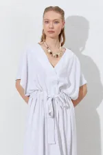 Kadın Naturel Düşük Kol Beli Tünel Kemerli Keten Uzun Elbise