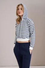 Women's Indigo Three-Thread Striped Hooded Crop Sweatshirt