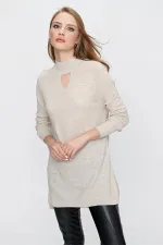 Kadın Taş Melanj Önü Pencereli Triko Kazak