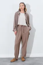 Kadın Toprak Beli Lastikli Havuç Kesim Keten Pantolon