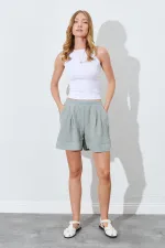 Kadın Haki Beli Lastikli Pileli Keten Şort