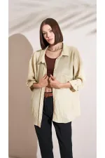 Kadın Taş Kendinden Çizgili Oversize Gömlek