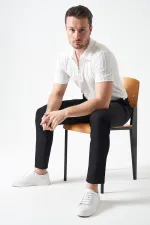 Erkek Siyah Beli Yarım Lastikli Mendi Örme Jakar Pantolon