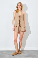 Kadın Vizon Önü İp Bağlamalı Müslin Kumaş Bluzlu Şortlu Takım