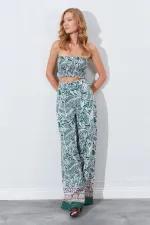 Kadın Haki Croplu-Palozzo Pantolonlu Desenli Takım