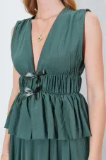 Kadın Haki Kolsuz Beli Gipeli Fiyonk Desenli Bluz