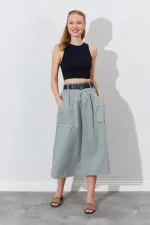 Kadın Haki Palaska Kemerli Önü Cepli Gabardin Etek