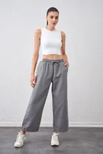Kadın Gri Beli Bağlamalı Geniş Piş Dikişli Paça Pantolon