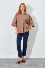 Kadın Kahve Düşük Kol Önü Patlı Salaş Kesim Gömlek