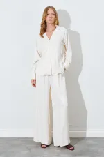 Kadın Krem Beli İnce Lastik Detaylı Saten Pantolon