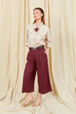 Women's Burgundy Double Pleated Bemuda Linen Trousers with Belt Detail