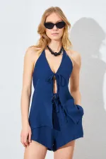 Kadın Açık Lacivert Önü İp Bağlamalı Müslin Kumaş Bluzlu Şortlu Takım
