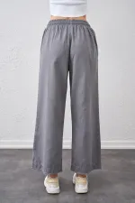 Kadın Gri Beli Bağlamalı Geniş Piş Dikişli Paça Pantolon