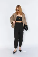 Women's Black (5456) Front Stitched Balloon Cut Tencel Pants