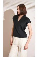 Kadın Siyah Gömlek Yaka Düşük Kol Bluz