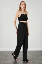 Kadın Siyah Yüksel Bel Deri Kemerli Poplin Pantolon