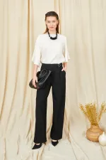 Women's Black 3522 Loose Fit Trousers with Side Buckle