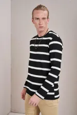 Erkek Siyah Bisiklet Yaka Yatay Çizgili Waffle Sweatshirt