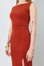 Kadın Kiremit Ön Yırtmaçlı Arkası V Detaylı Askılı Elbise