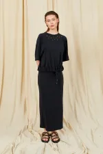 Kadın Siyah 164 Reglan Kollu Etek Ucu Bağlama Bluzlu Etekli Modal Takım