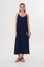 Women's Navy Blue Strappy Muslin Long Dress with Side Slit