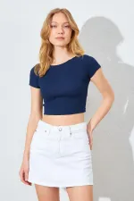 T-shirt court côtelé bleu marine pour femme (25511)