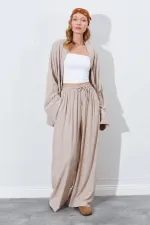 Kadın Koyu Bej Beli Lastikli Palazzo Keten Pantolon