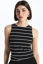 Kadın Siyah-Beyaz Yüzücü Model Bisiklet Yaka Full Licra Çizgili Ribana Atlet
