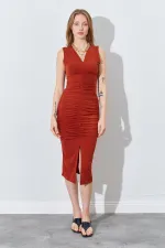 Kadın Kiremit V Yaka Drapeli Kolsuz Sandy Elbise