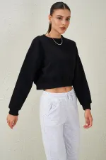 Women's Black Crew Neck Three-Thread Oversize Crop Sweatshirt