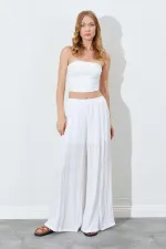 Kadın Ekru Beli Lastikli Bol Paça Kırışık Pantolon