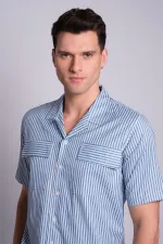 Chemise rayée à manches courtes pour homme, couleur pétrole, avec poches à rabat