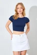 T-shirt court côtelé bleu marine pour femme (25511)