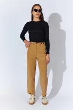 Kadın Camel Beli Düğmeli Çift Dikişli Pantolon