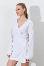 Kadın Naturel Kruvaze Yaka İp Bağlamalı Ceket