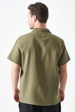 Erkek Haki Kısa Kol Apaj Yaka Müslin Regular Gömlek