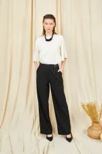 Women's Black 3522 Loose Fit Trousers with Side Buckle