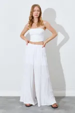 Kadın Ekru Beli Lastikli Bol Paça Kırışık Pantolon
