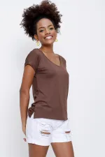 Kadın Kahve V Yaka Geniş Salaş Tişört