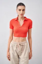 Kadın Nar Polo Yaka Bürümcük Kumaş Crop