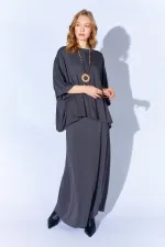 Kadın Antrasit 172 Düşük Kol Bluzlu Uzun Pike Modal Etekli Takım