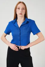 Kadın Saks Bürümcük Tek Cep Crop Gömlek