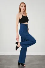 Kadın İndigo Yüksel Bel Deri Kemerli Poplin Pantolon