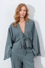 Kadın Haki Önü Fırfırlı Kolları Salaş Bluz