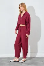 Kadın Bordo Paça Düğmeli Modal Kumaş Pantolon