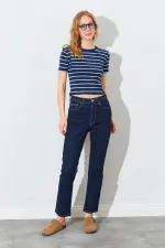 T-shirt rayé à col rond et manches courtes pour femme (25512), entièrement en lycra côtelé