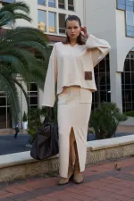 Kadın Tereyağ V Yaka Kapşonlu Yırtmaçlı Etek Selanik Takım