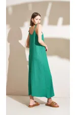 Kadın Zümrüt İp Askılı Rahat Kesim Ruhsel Kumaş Elbise